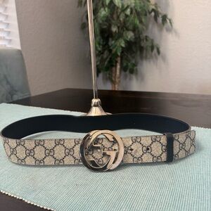 Gucci Beige and Navy Monogram Belt with Silver GG Buckle